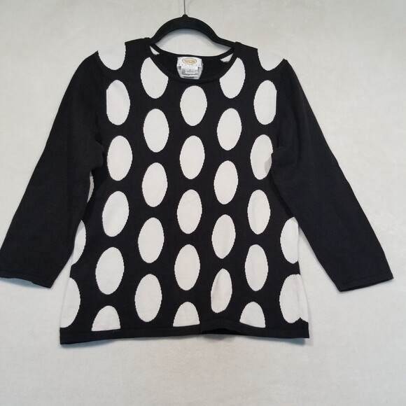 Talbots PM Petite Medium Sweater Black Polka Dot Cotton Pullover Preppy Classic - Picture 1 of 6